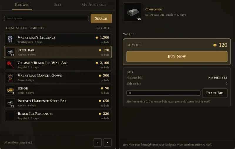 In-game screenshot: the auction house window with listings, buyout and bid