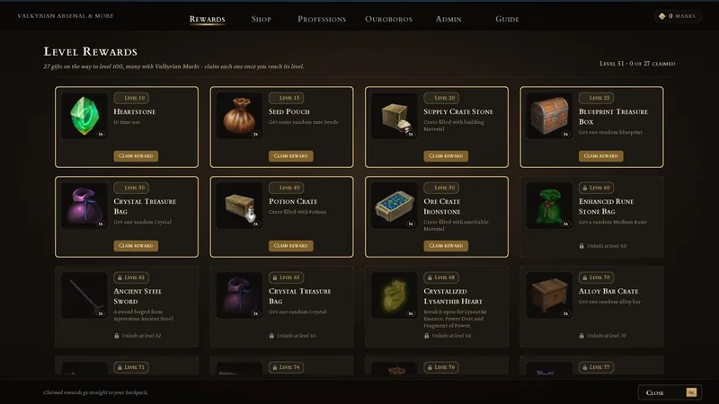 In-game screenshot: the Level Rewards page in the Shift+P window, with claimable and locked rewards