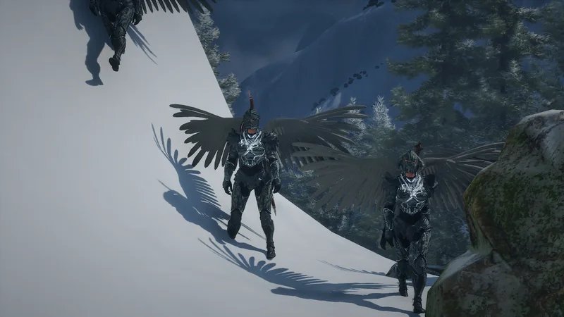 Captura del juego: valquirias aladas con armadura oscura bajan por una ladera nevada